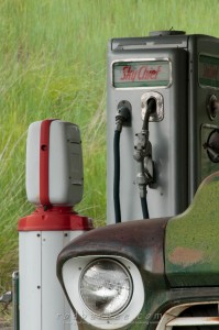 Front of old truck at vintage gas station