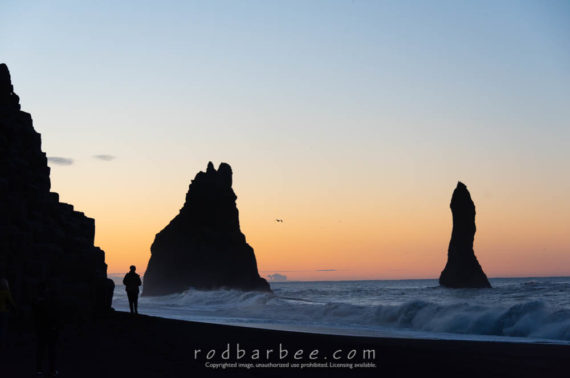 Seastacks and visitor  near Vik, Iceland.